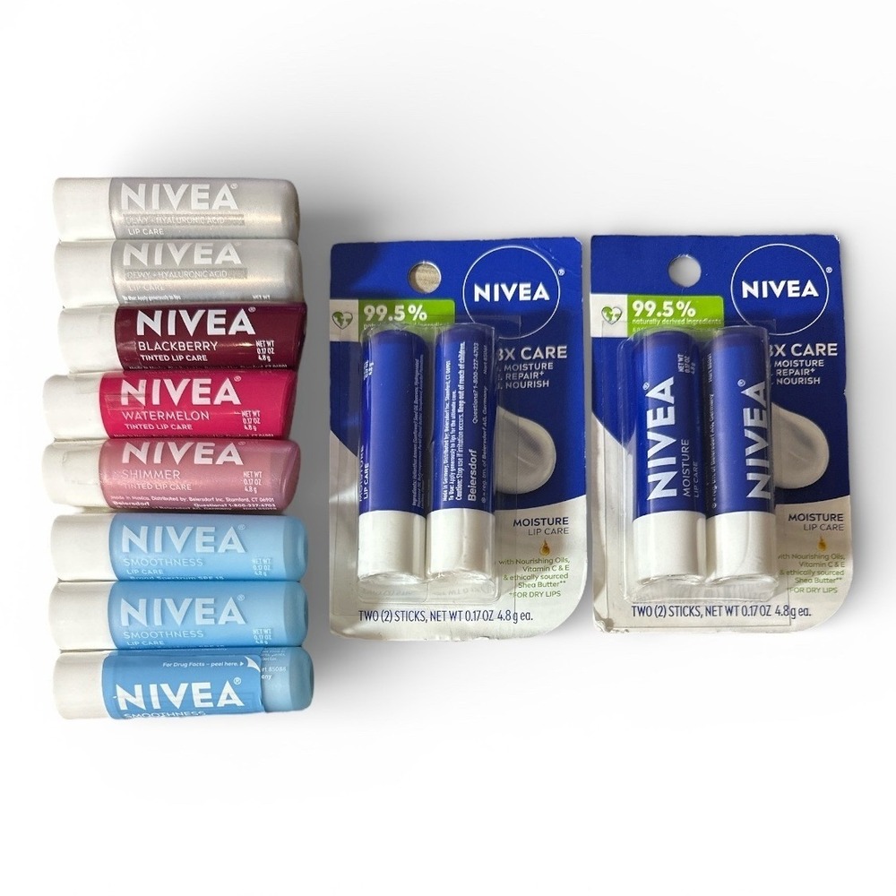 Nivea‎ Lip Care Balm Bundle 12ct Moisture, Smoothness SPF 15, Tinted, Dewy NEW